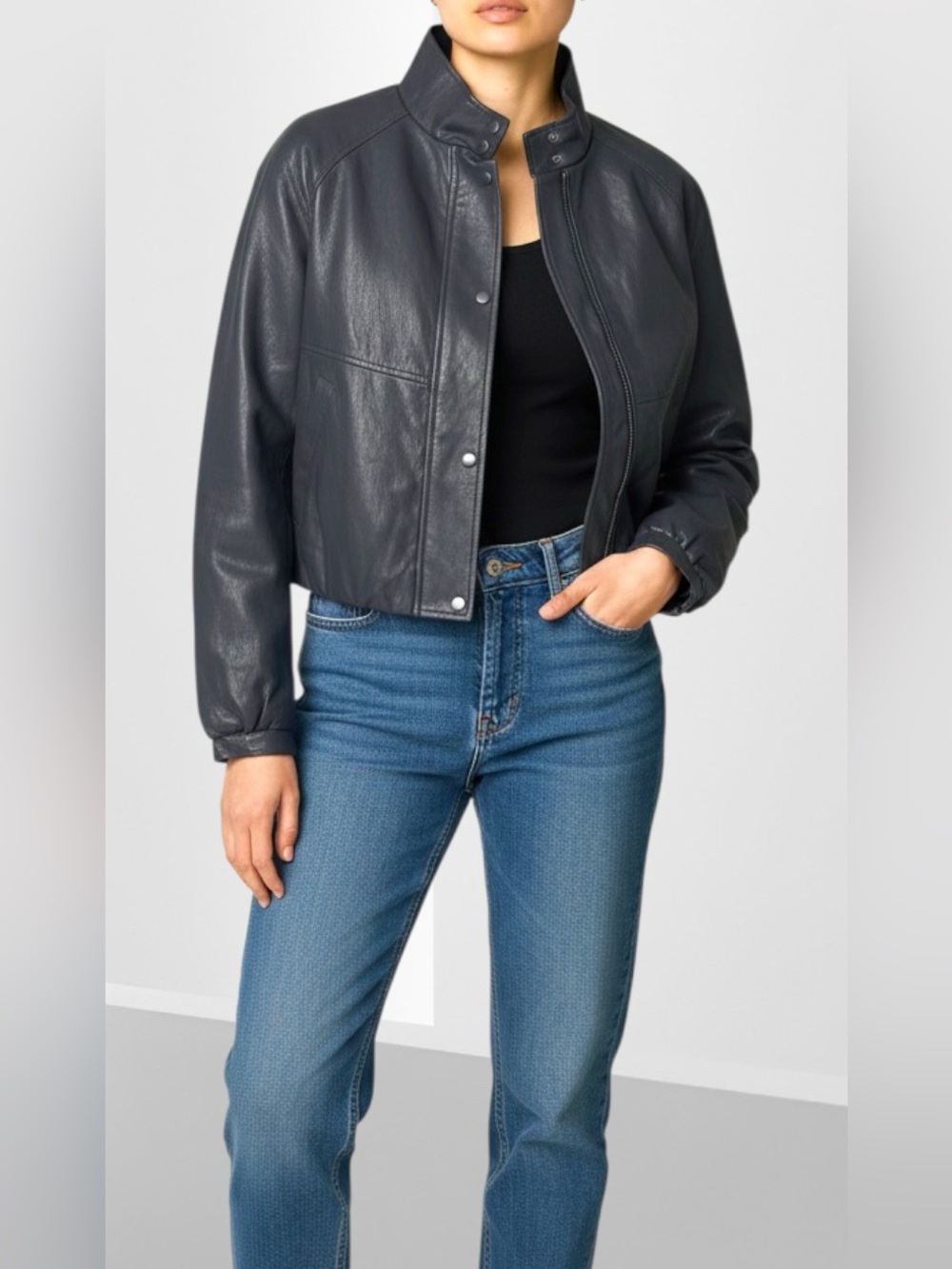 Avec Les Filles Navy Faux Leather Bomber Jacket Size M